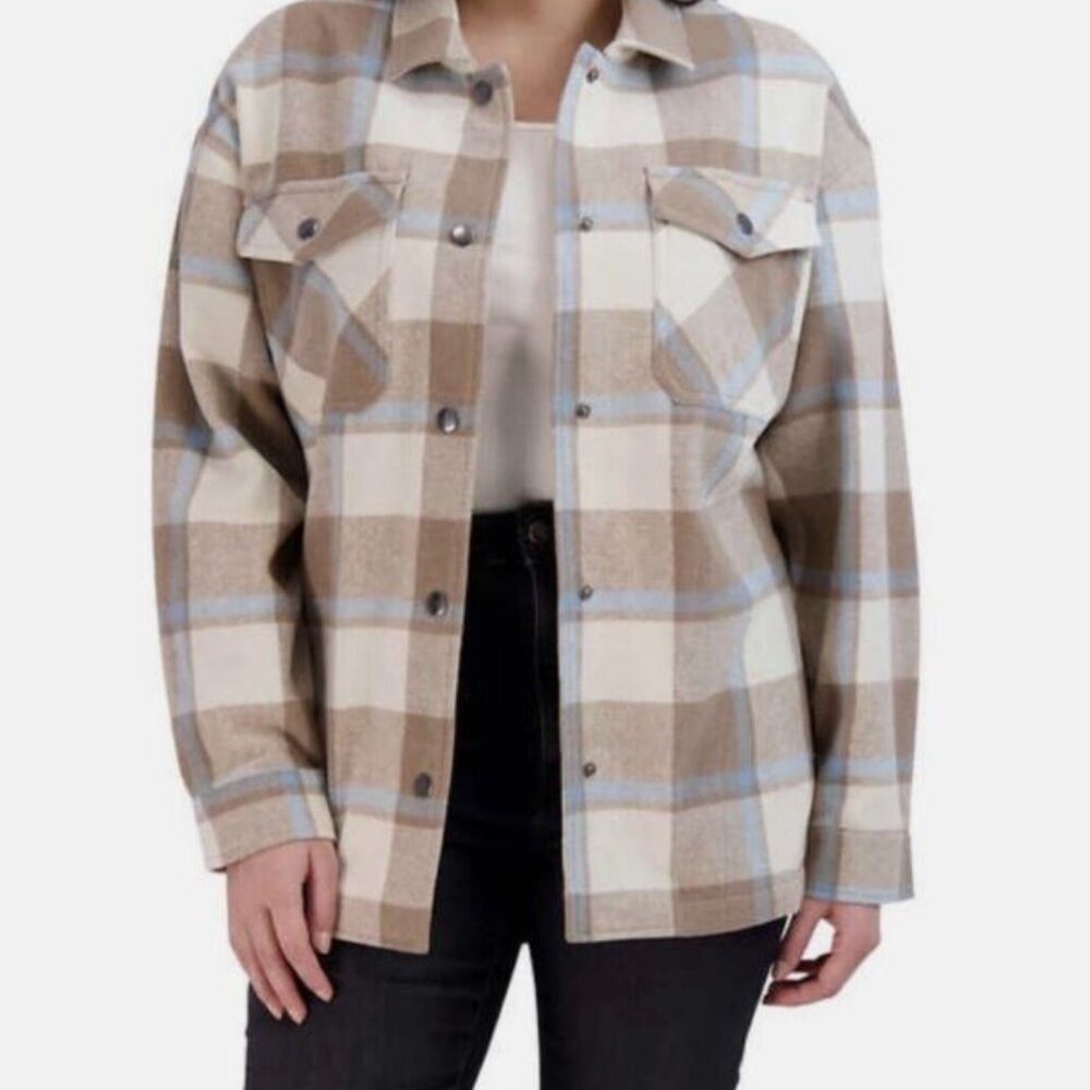 HFX women shirt jacket  relaxed fit drop shoulder pockets Tan/blue plaid L (1467